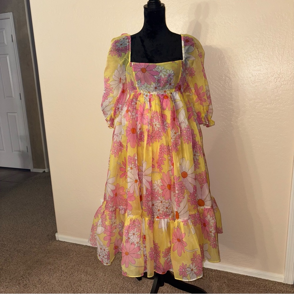 New Selkie x Anthropologie Floral Flowers French Puff Dress Sz M Yellow - Picture 3 of 6